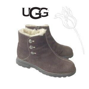 UGG Brown Suede Leather Sheepskin Side Zip Ankle Boots